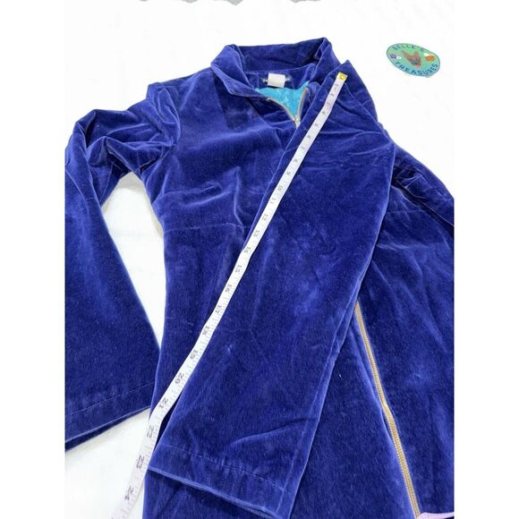 Anthropologie Small 34" Blue Navy Full Length Zip‎ Velvet Coat Jacket Lace Inlay - Picture 5 of 10